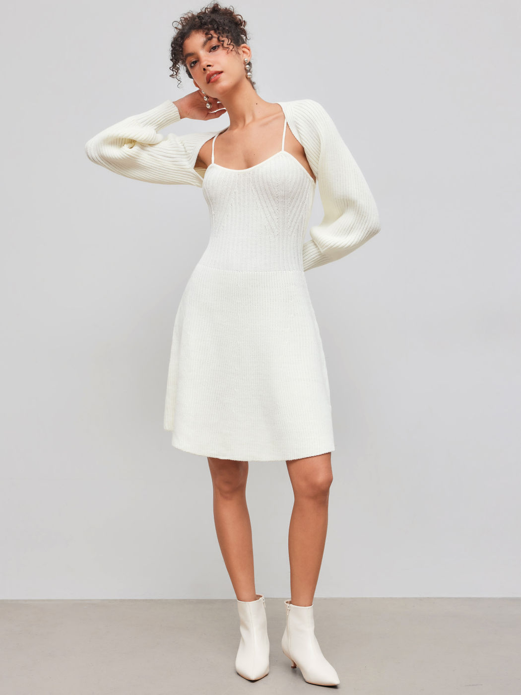 Knit Fabric V-neck Solid Dresses with Shrug