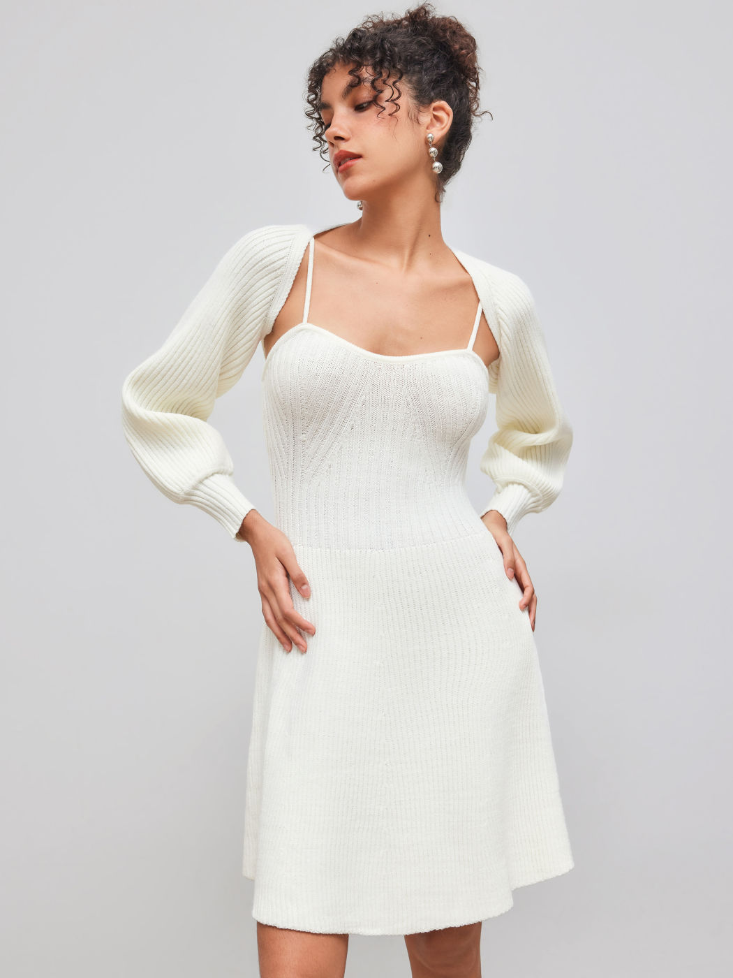 Knit Fabric V-neck Solid Dresses with Shrug