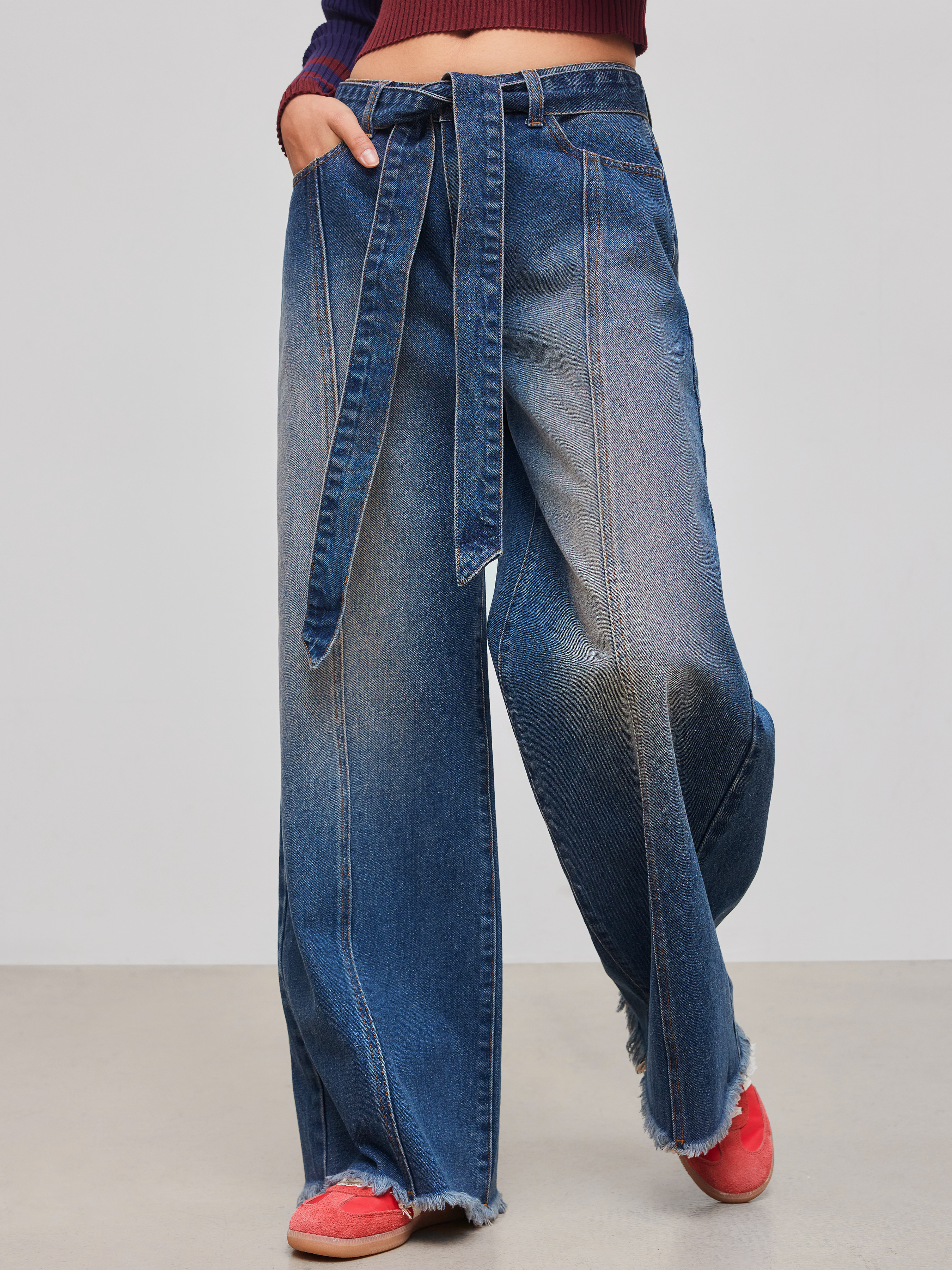『Cider』ミッドライズソリッドポケットストレートレッグパンツ 織布 ベルト付きミッドライズソリッドポケットストレートレッグ