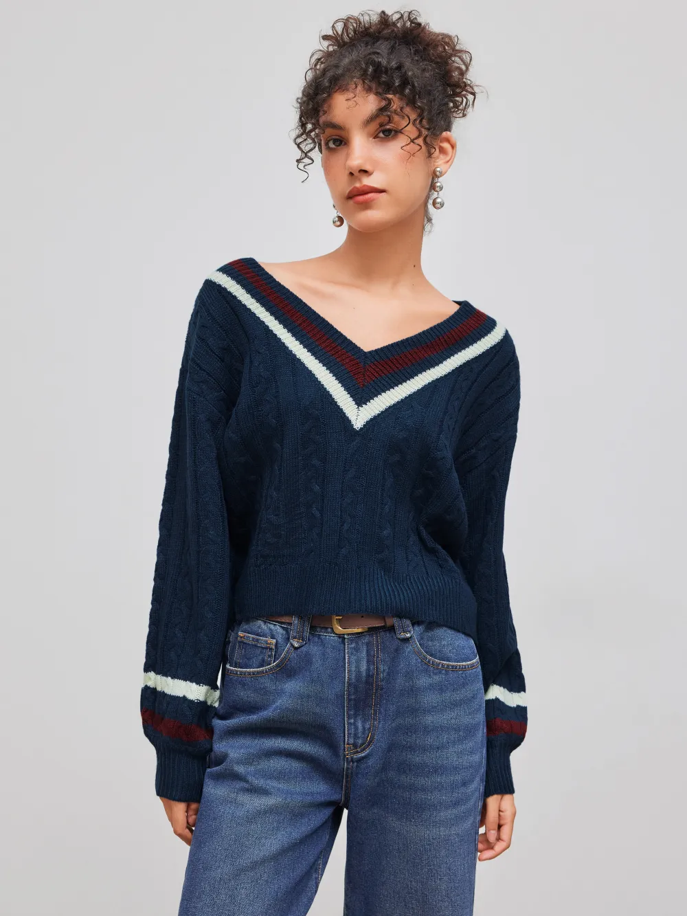 Cable Knit V-neck Solid Contrasting Binding Long Sleeve Top