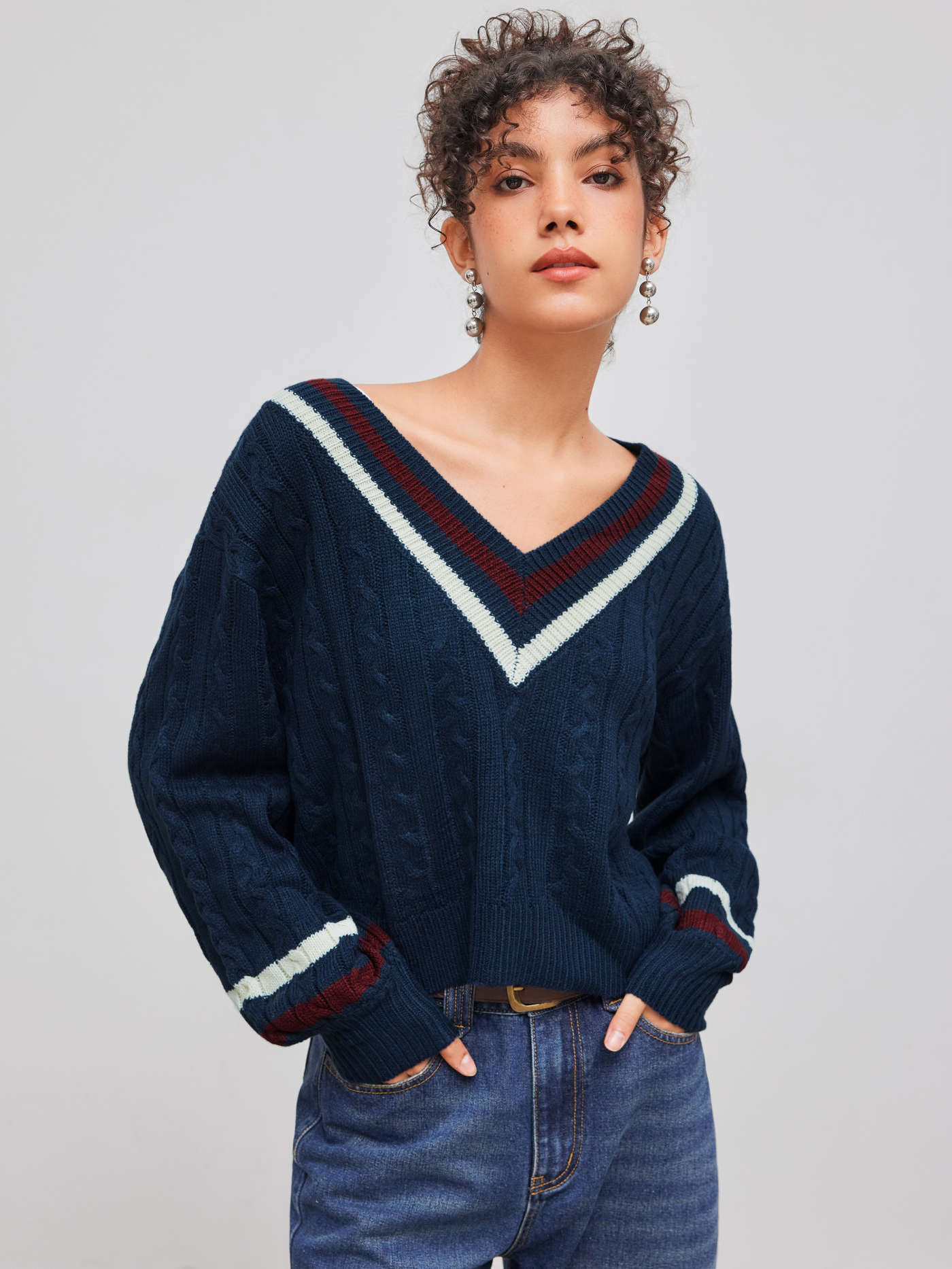 Cable Knit V-neck Solid Contrasting Binding Long Sleeve Top