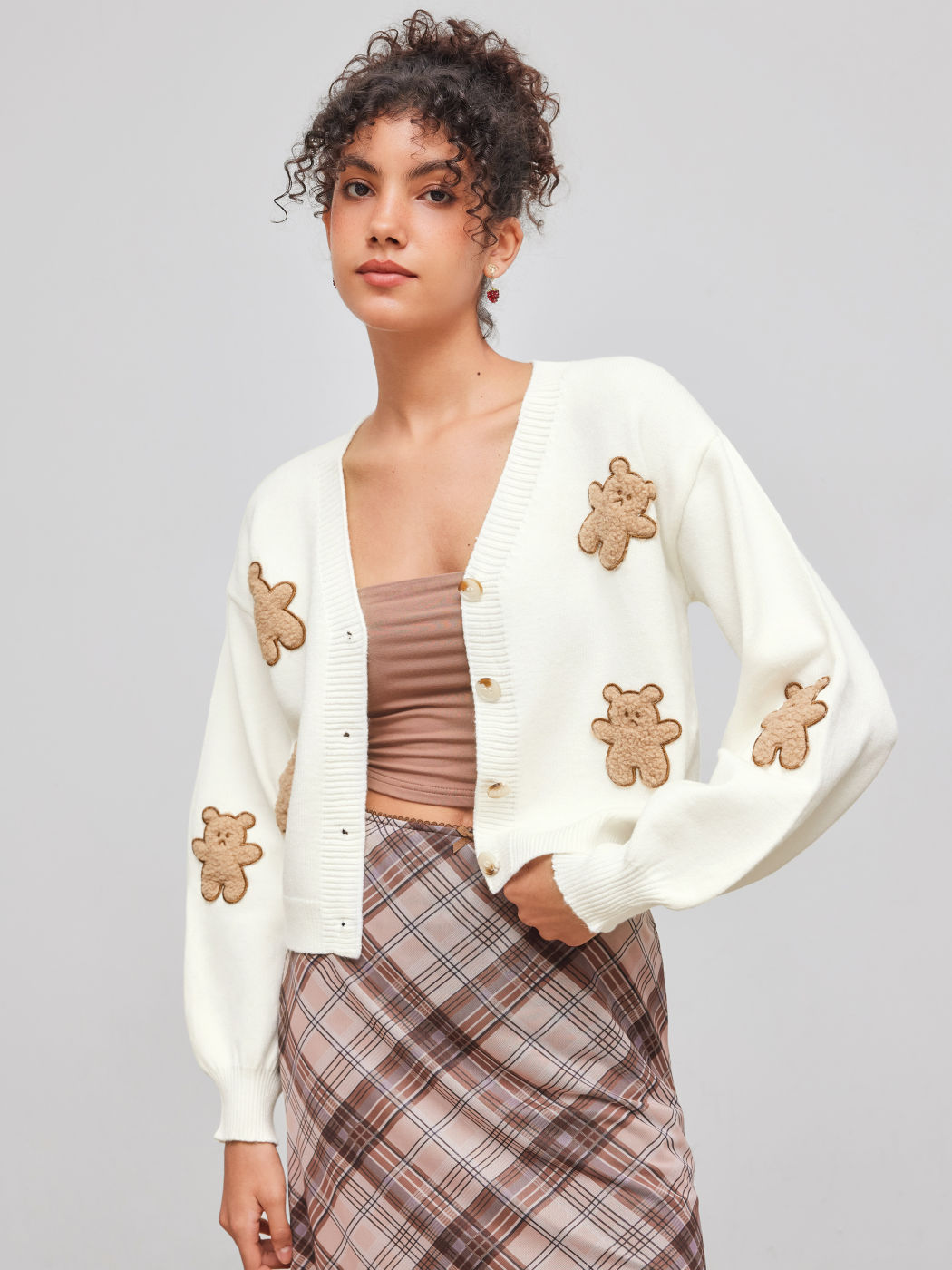 Knit V-neck Bear Button Cardigan
