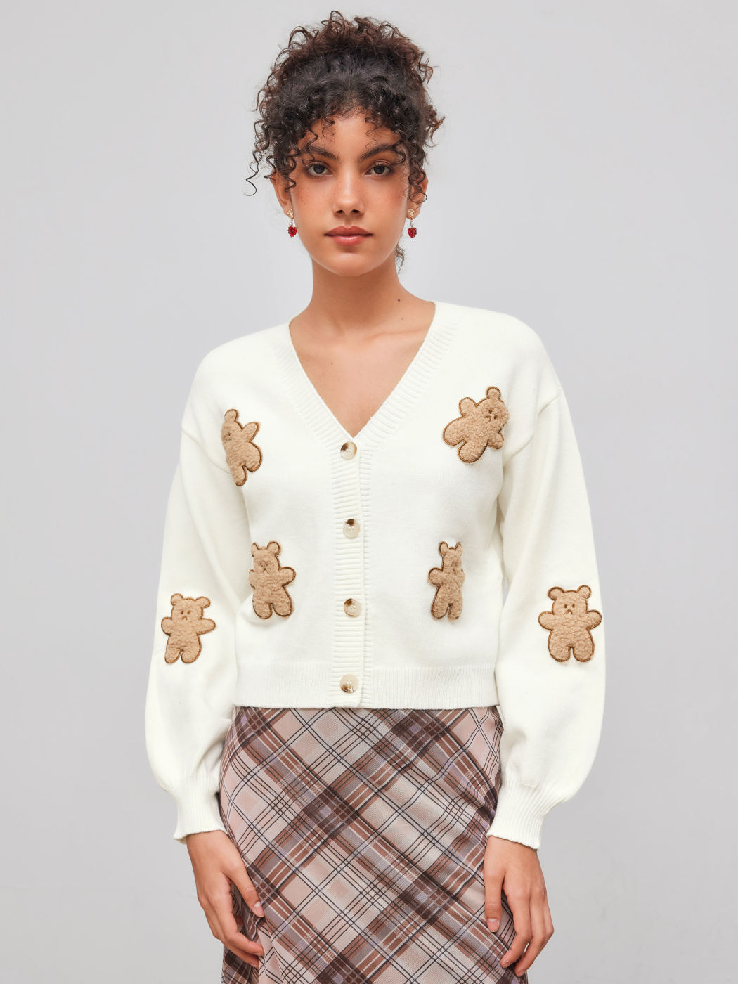 Knit V-neck Bear Button Cardigan