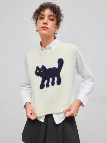 Knit Round Neckline Cat Vest