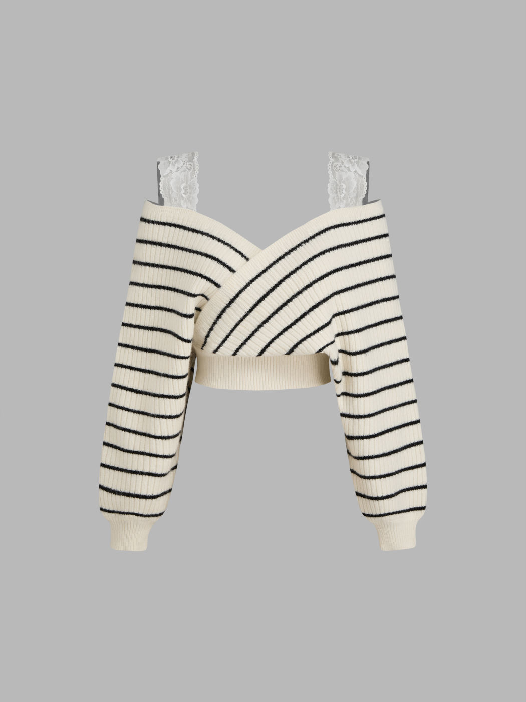 Knit V-neck Striped Lace Trim Wrap Long Sleeve Crop Oversized Top