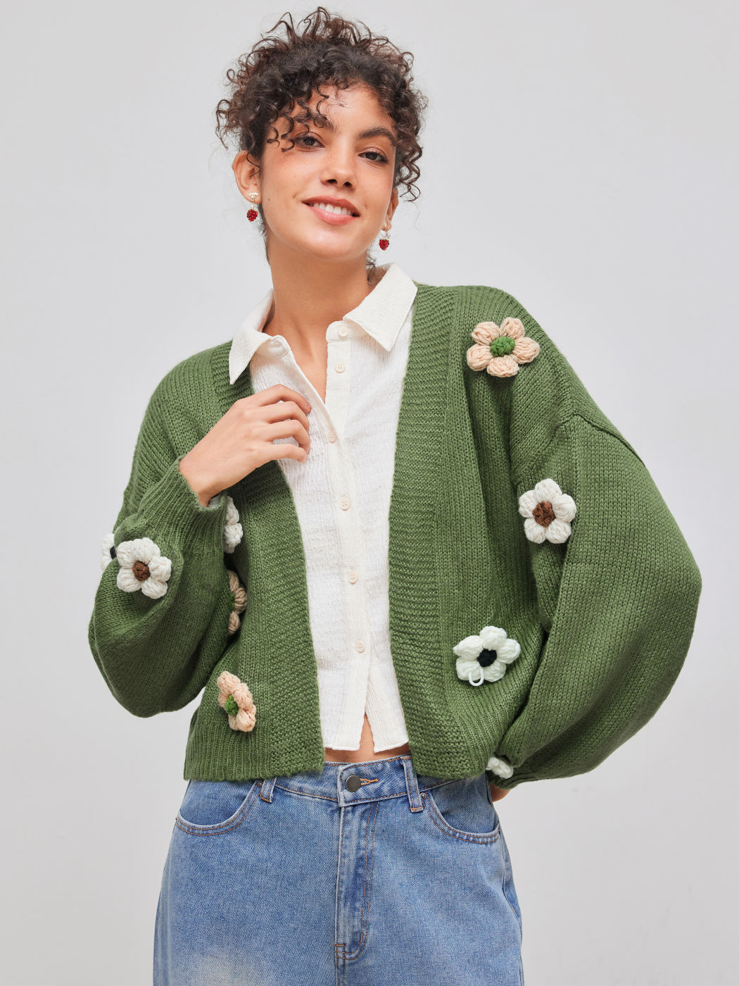 Knit Collarless Floral Cardigan
