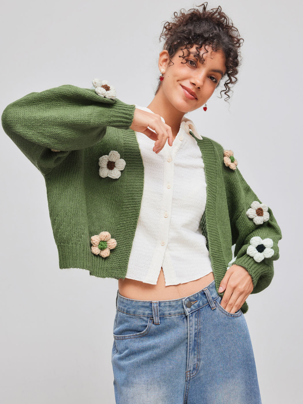 Blumen Strickjacke ohne Kragen