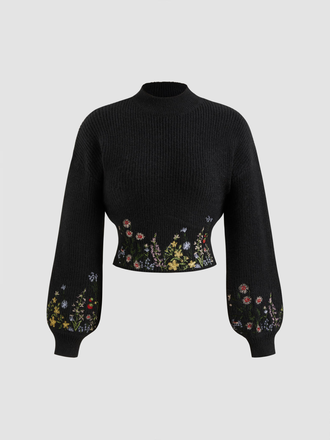 Knit High Neck Floral Embroidery Crop Top
