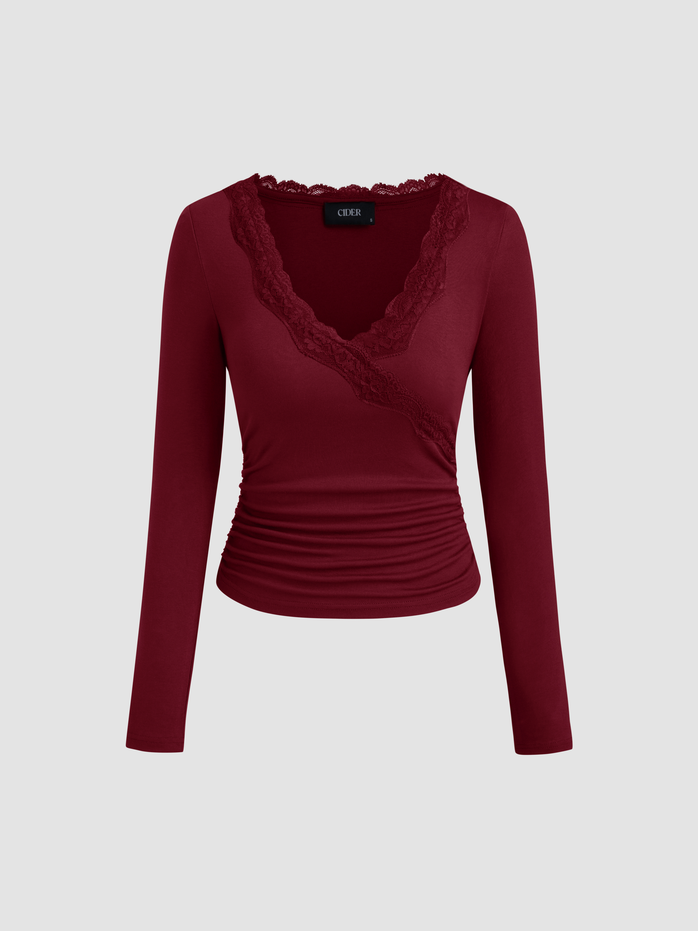 [COSYHARU公式]Teffrin Velvet Standard Long-Sleeved City Chic Velvet Velvet V-neck Solid Lace Ruched Long Sleeve