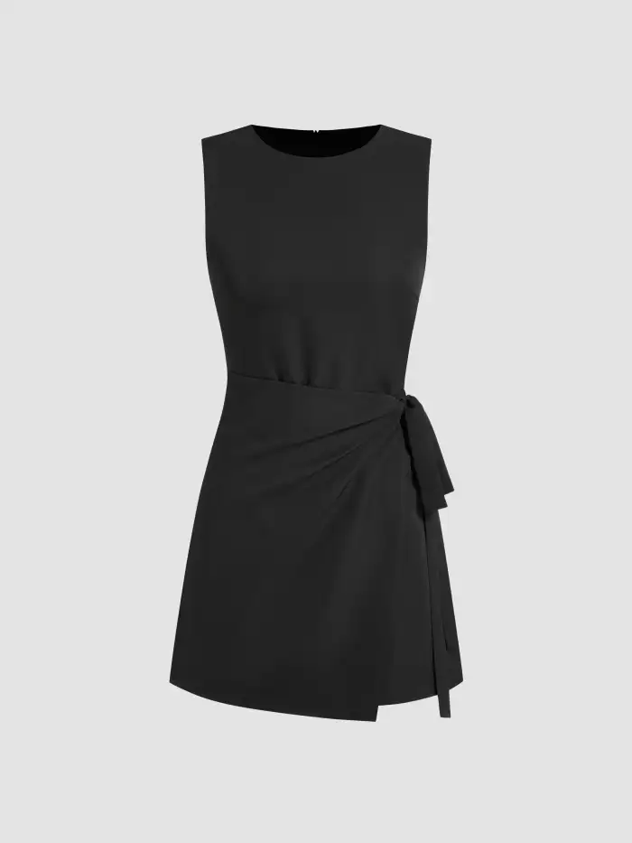 Woven Linen-blend Boat Neck Ruched Cut Out Sleeve Mini Dress For Daily Casual