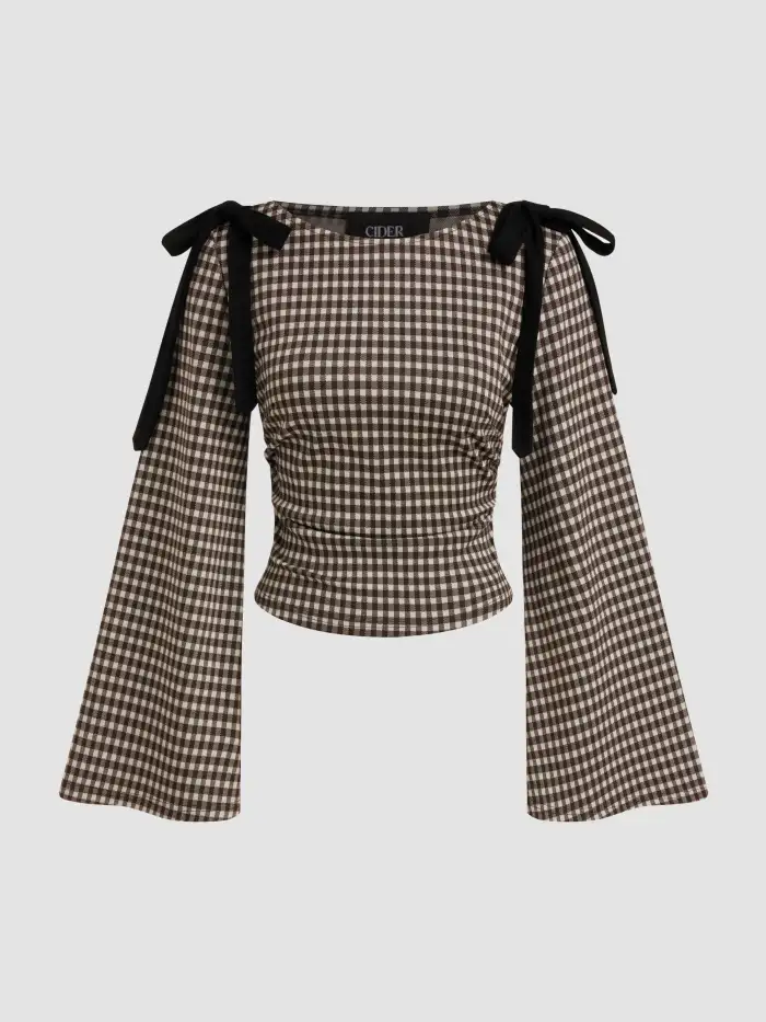 Cotton-blend Boat Neck Gingham Bowknot Ruched MIni Dress