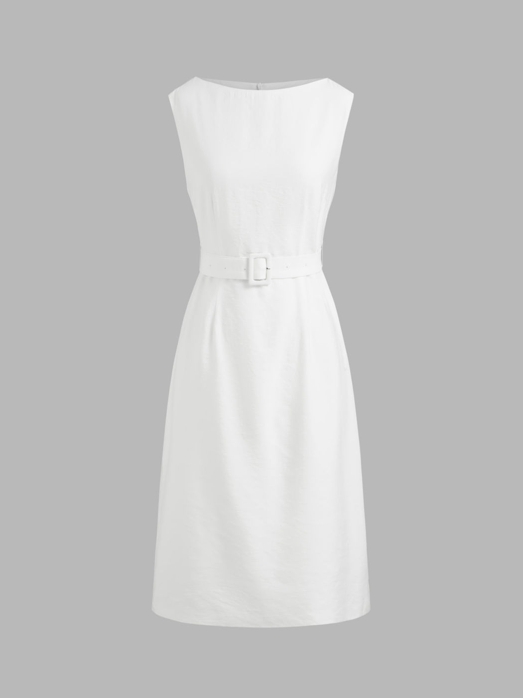 Woven Boat Neck Solid Midi Dress With Belt 