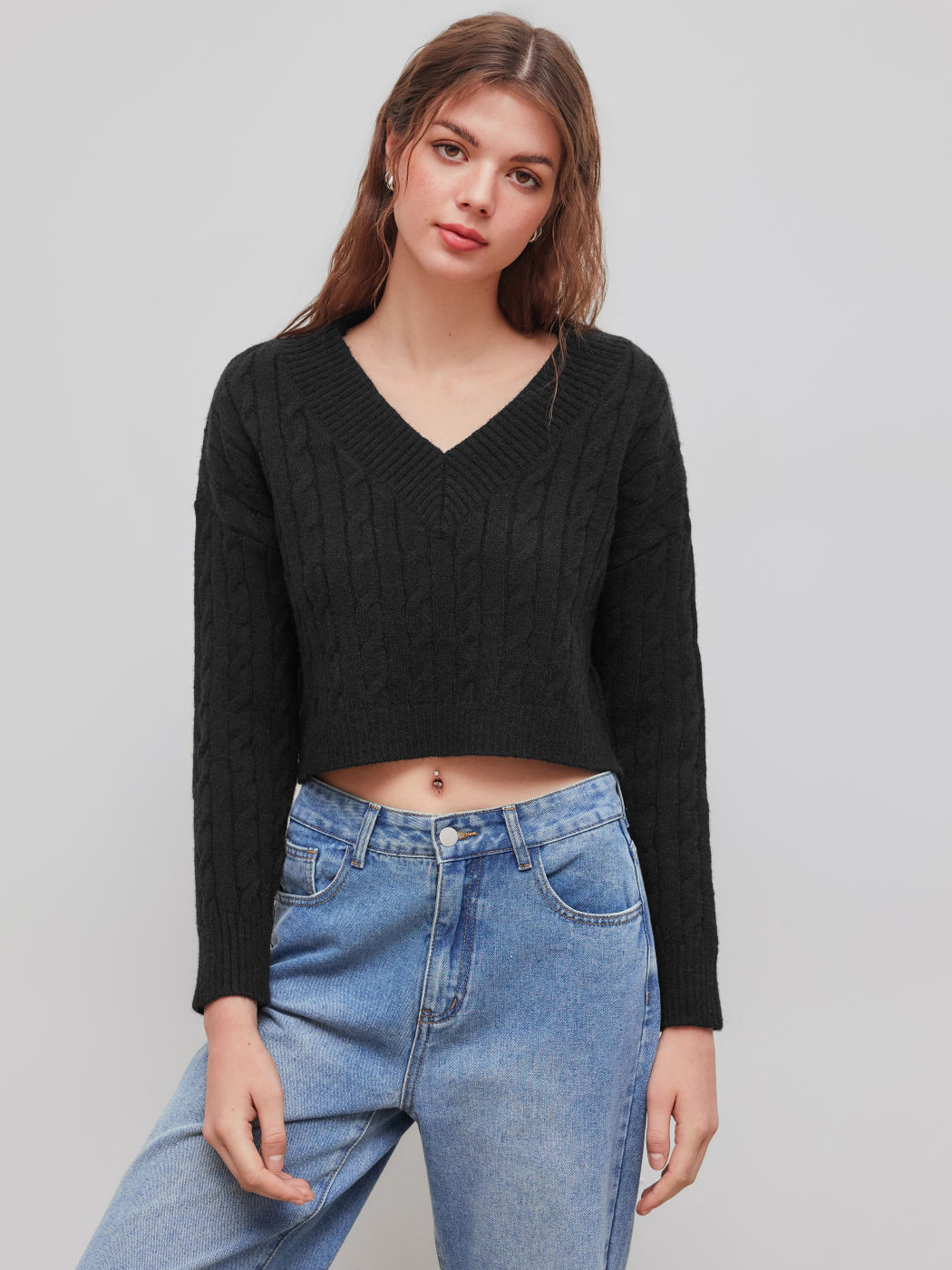 Zopfmuster V-Ausschnitt Einfarbig Langarm Crop Pullover