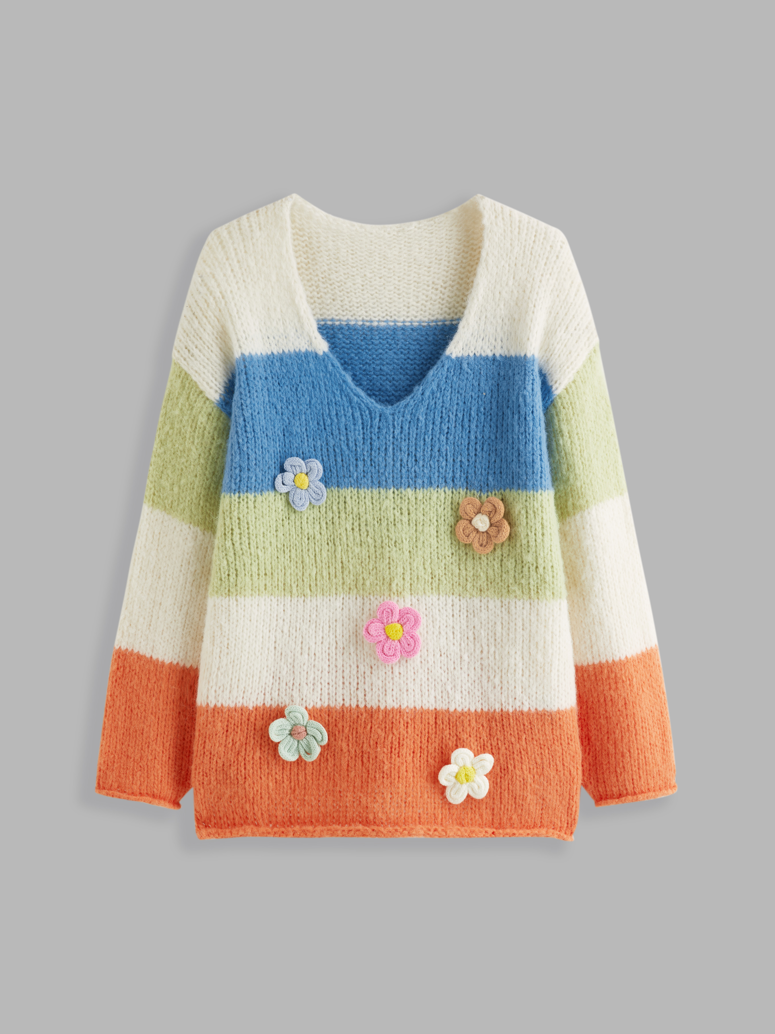 Knit Fabric Mohair Knit V-neck Striped 3D Flower Oversized