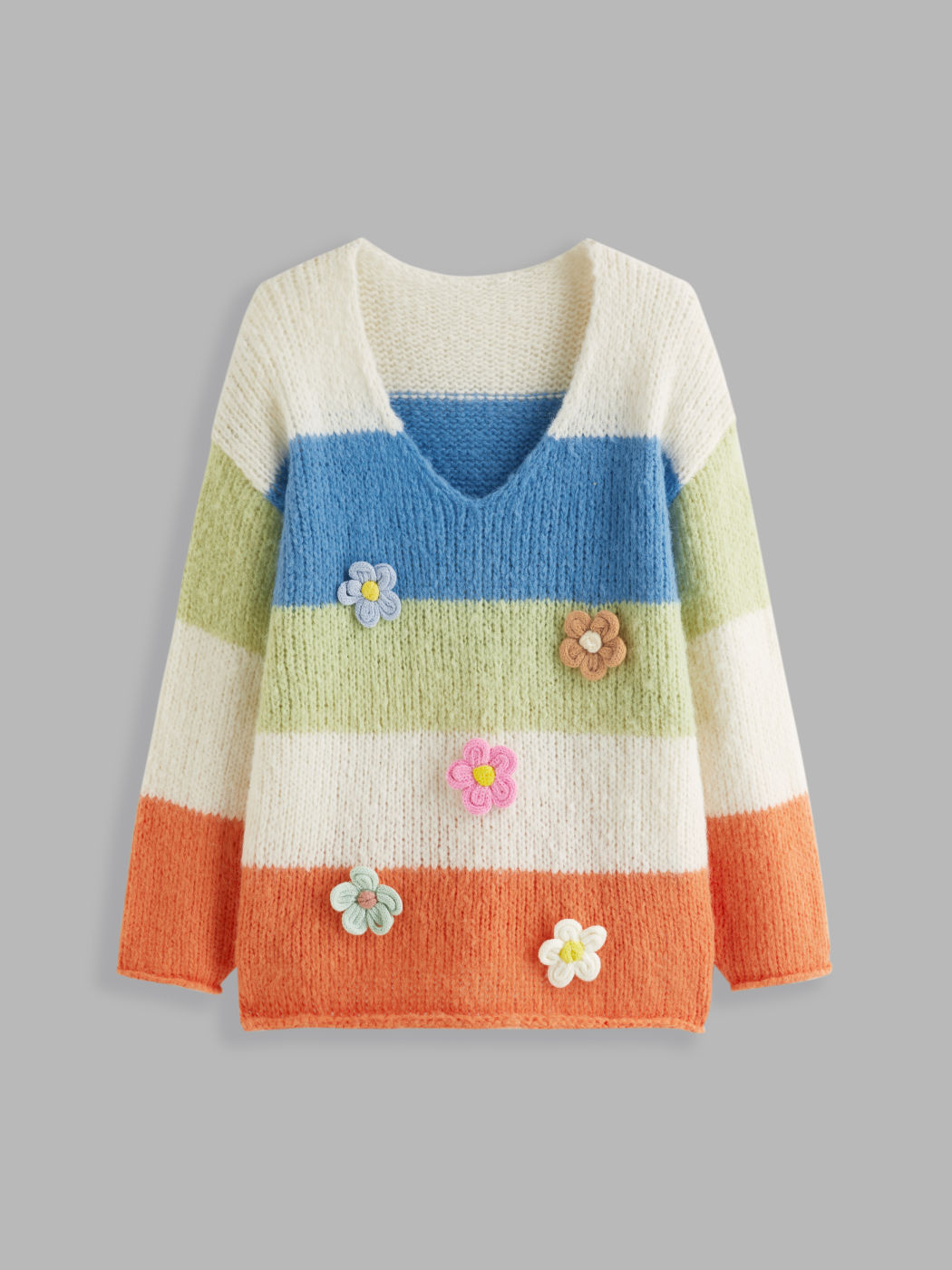 Mohair Knit V-neck Striped 3D Flower Oversized Sweater Curve & Plus