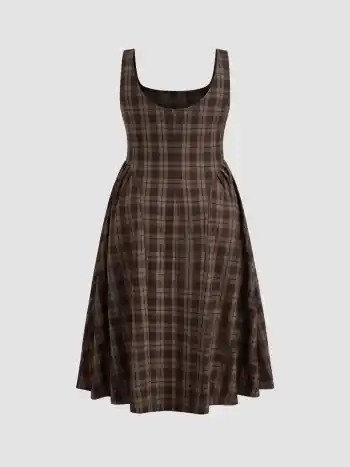 Square Neck Check Pleated Zipper Maxi Dress Curve & Plus