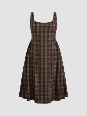 Square Neck Check Pleated Zipper Maxi Dress Curve & Plus