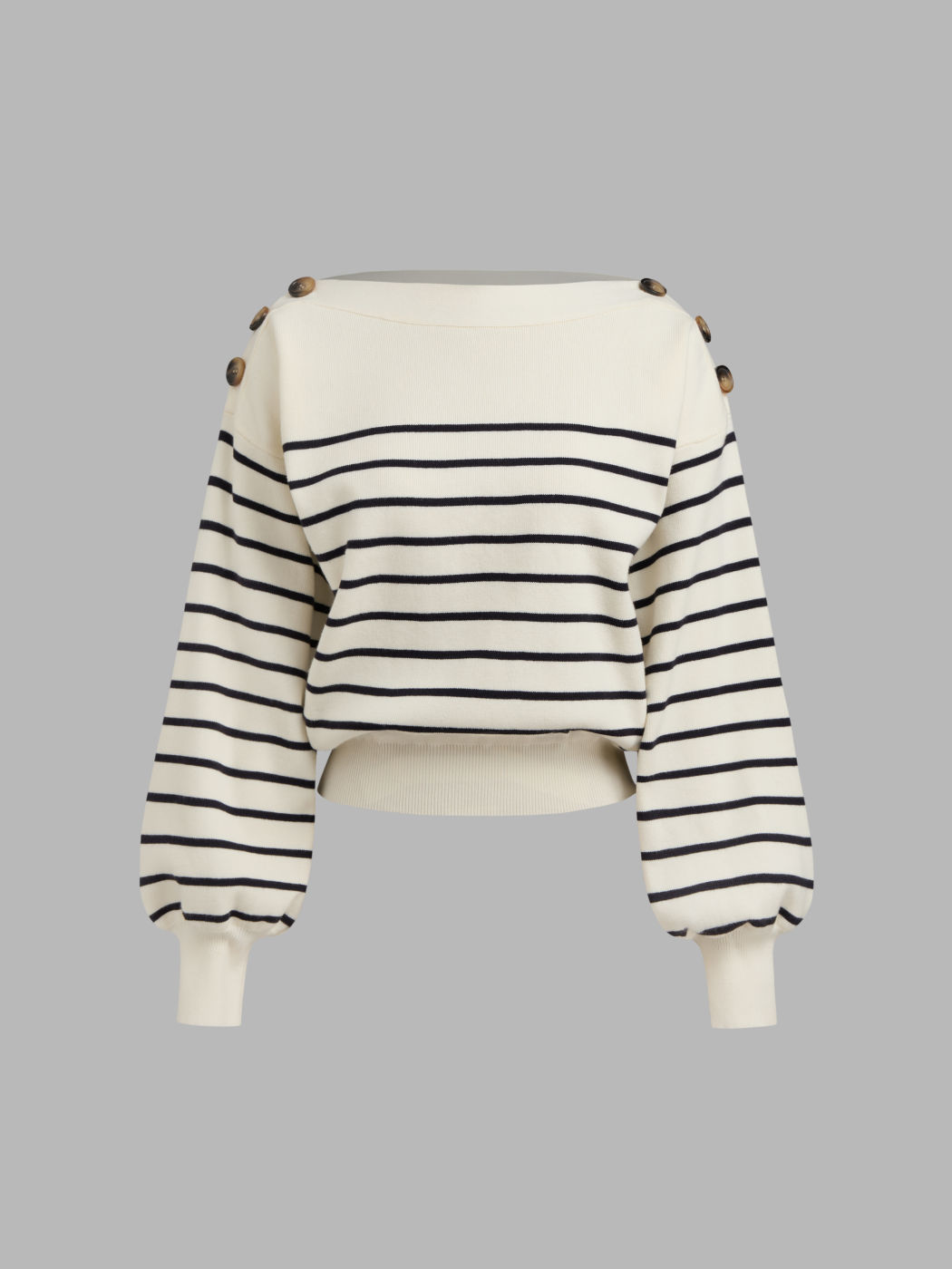 Knit Boat Neck Striped Button Long Sleeve Top