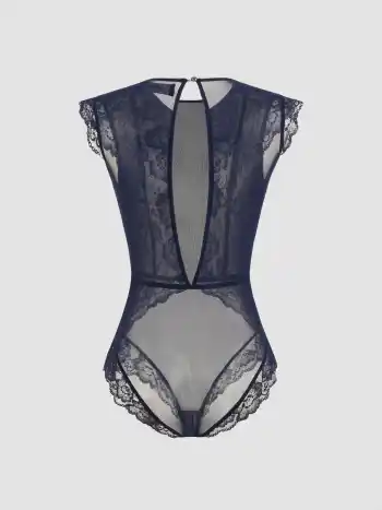 Lace Round Neckline Solid Cut Out See-through Bodysuit