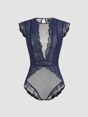 Lace Round Neckline Solid Cut Out See-through Bodysuit
