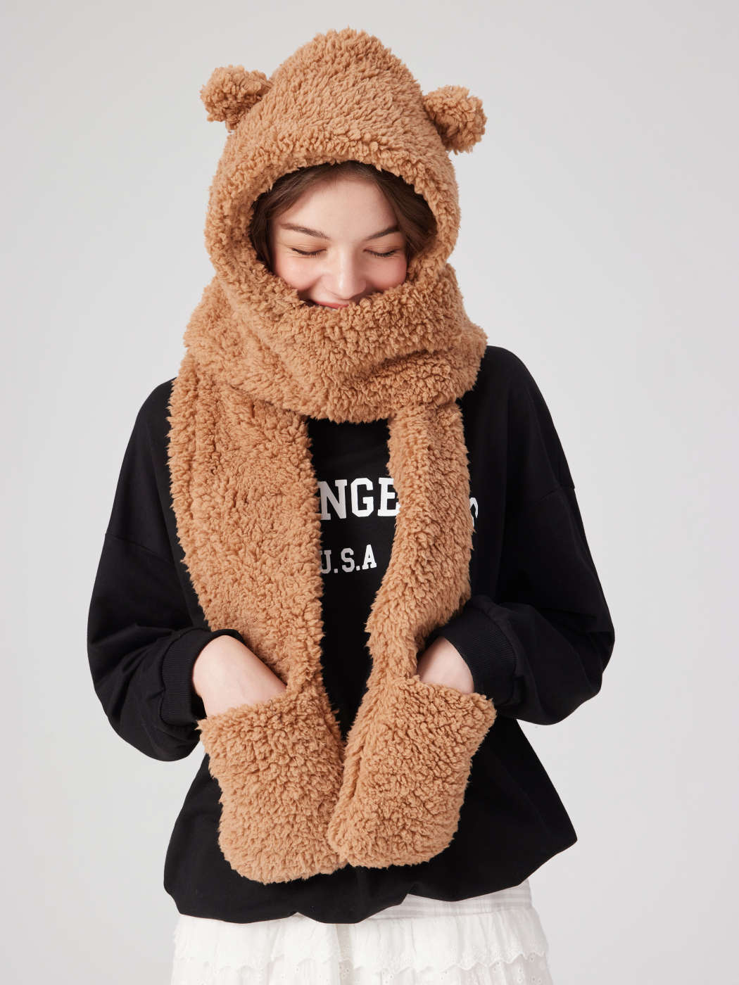 Cotton Blends BEAR EAR KNITTED HOODED SCARF For Daily Casual