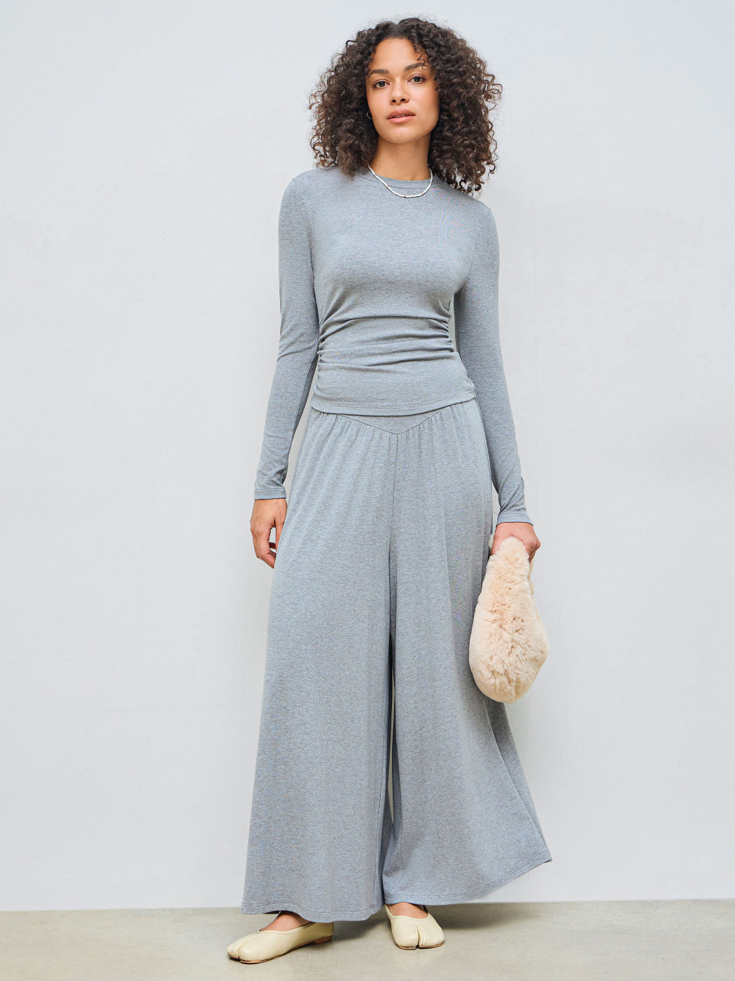 Round Neckline Solid Ruched Long Sleeve Top & Mid Rise Ruffle Hem Trousers Set