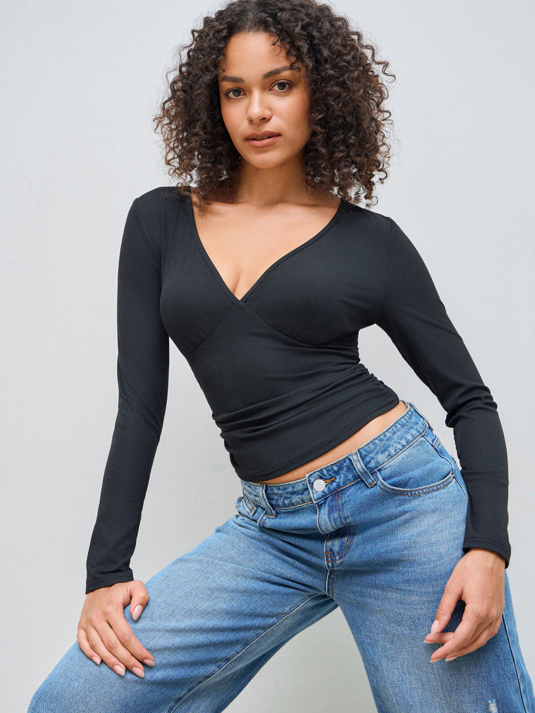 V-Ausschnitt Solid Rüschen Langarmshirt