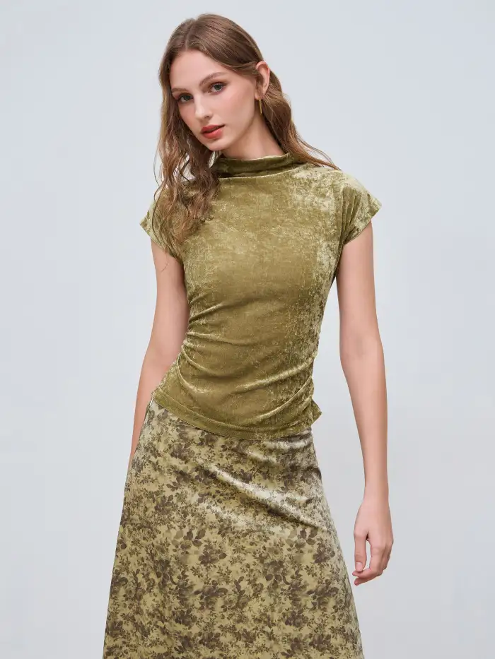 Mesh Mesh High Neck Ruched Short Sleeve Top For Work