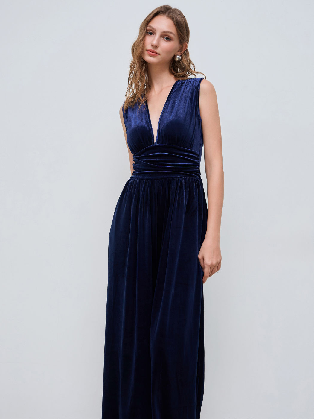 Velvet V-neck Solid Pocket Ruched Wide Leg Jumpsuit