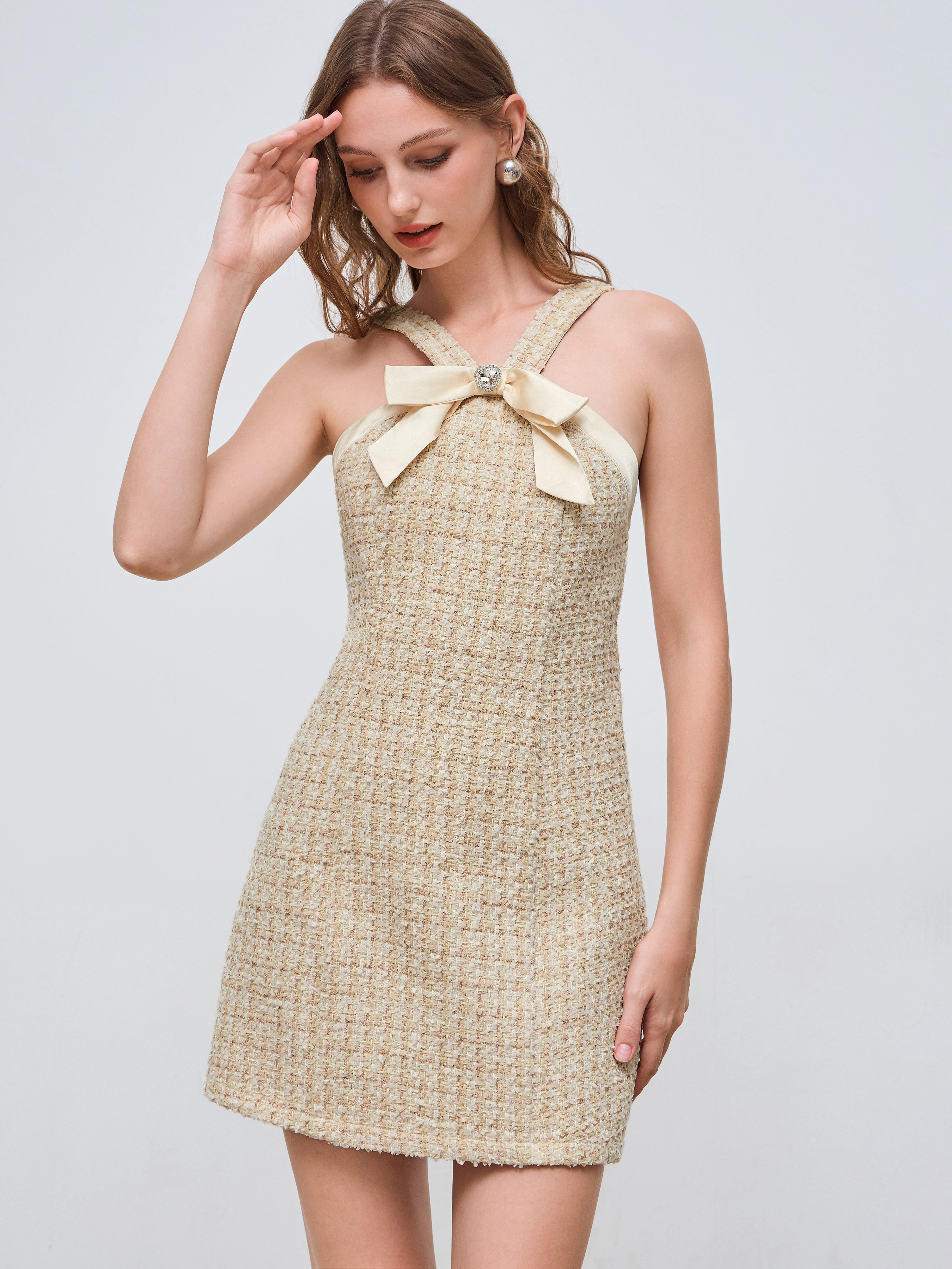 Tweed Tweed V-neck Bowknot Rhinestone Mini Dress For Party