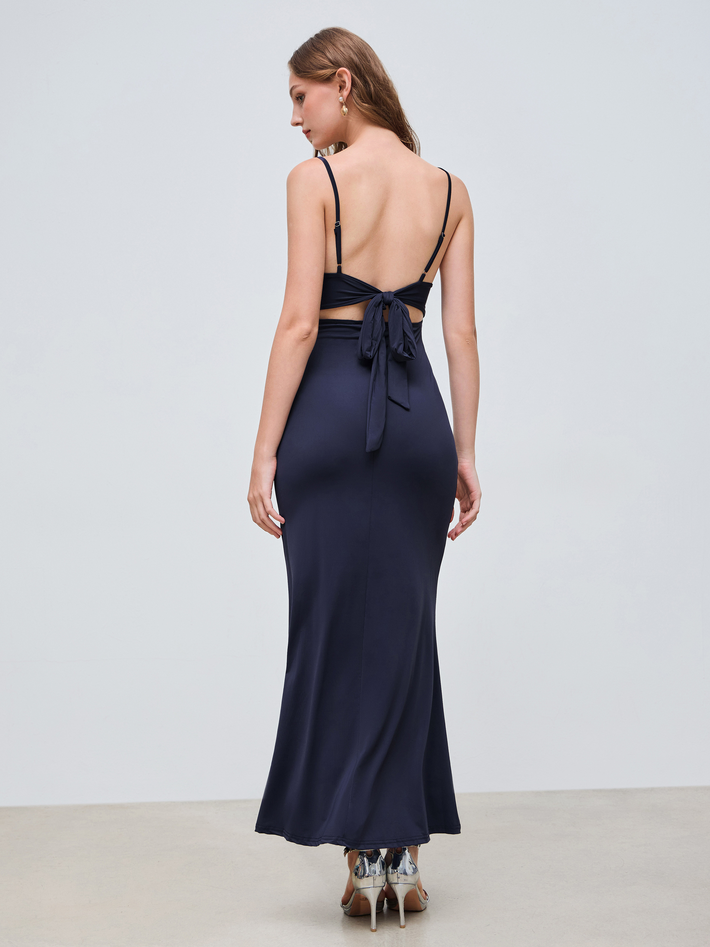 Satin Cowl Neck Solid Lace Ruched Knotted Maxi Dress