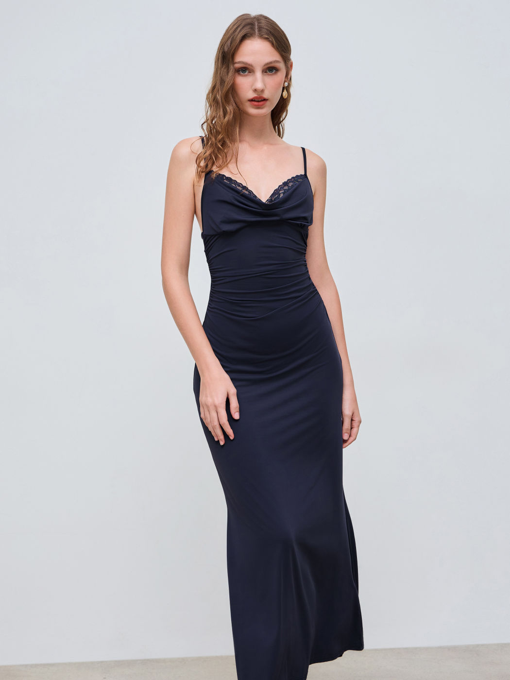 Satin Cowl Neck Solid Lace Ruched Knotted Maxi Dress