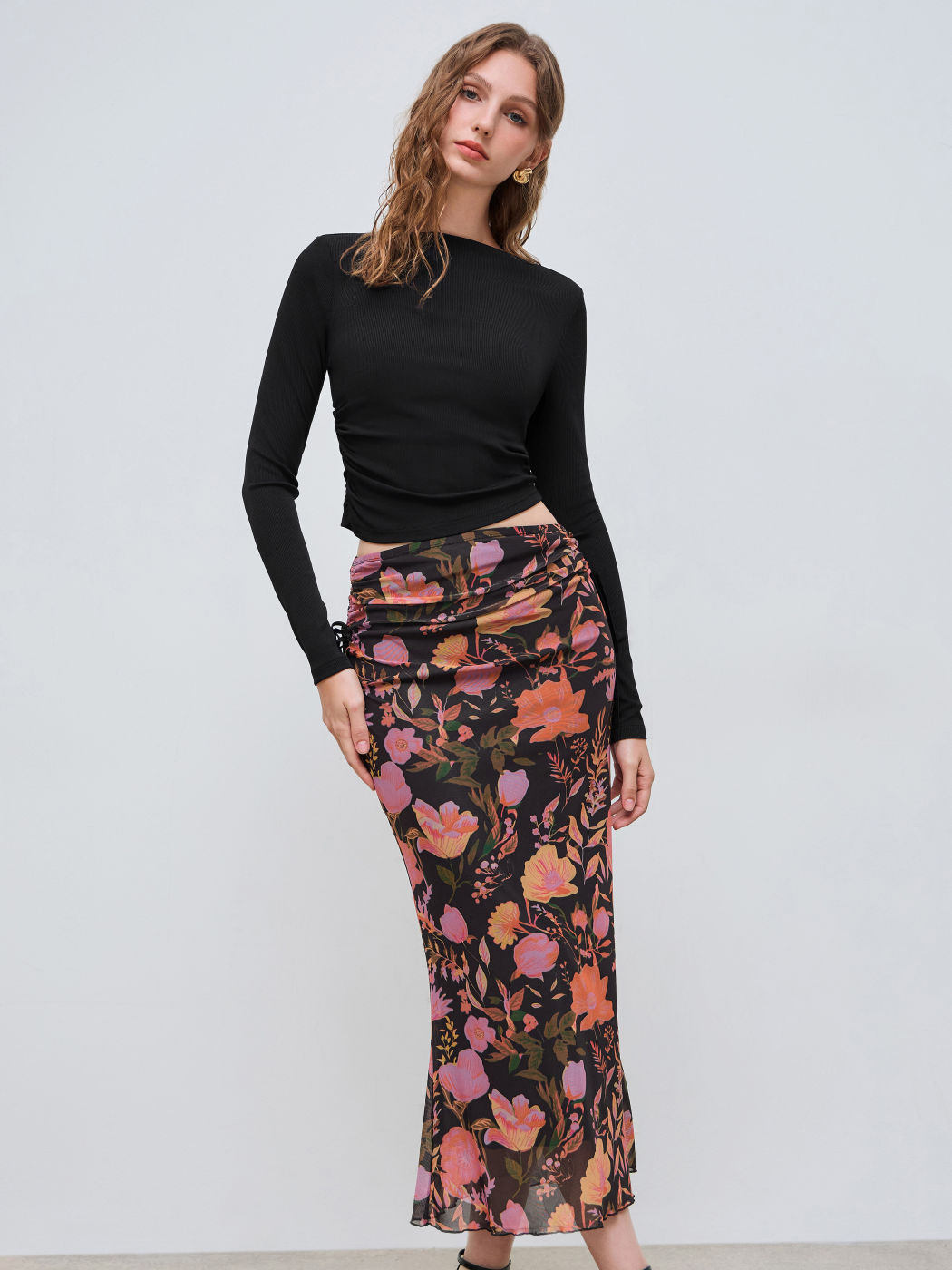 Round Neckline Solid Ruched Long Sleeve Top & Mesh Mid Rise Floral  Knotted Maxi Skirt Set