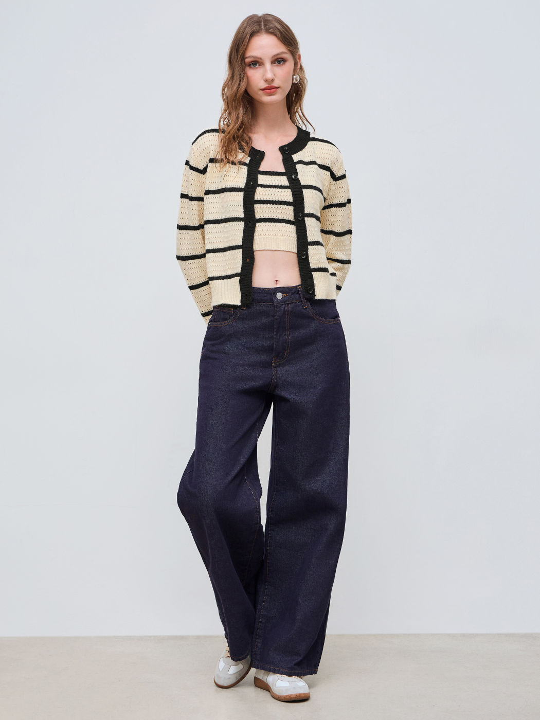 Knit Striped Contrasting Binding Button Cardigan & Striped Cami Top