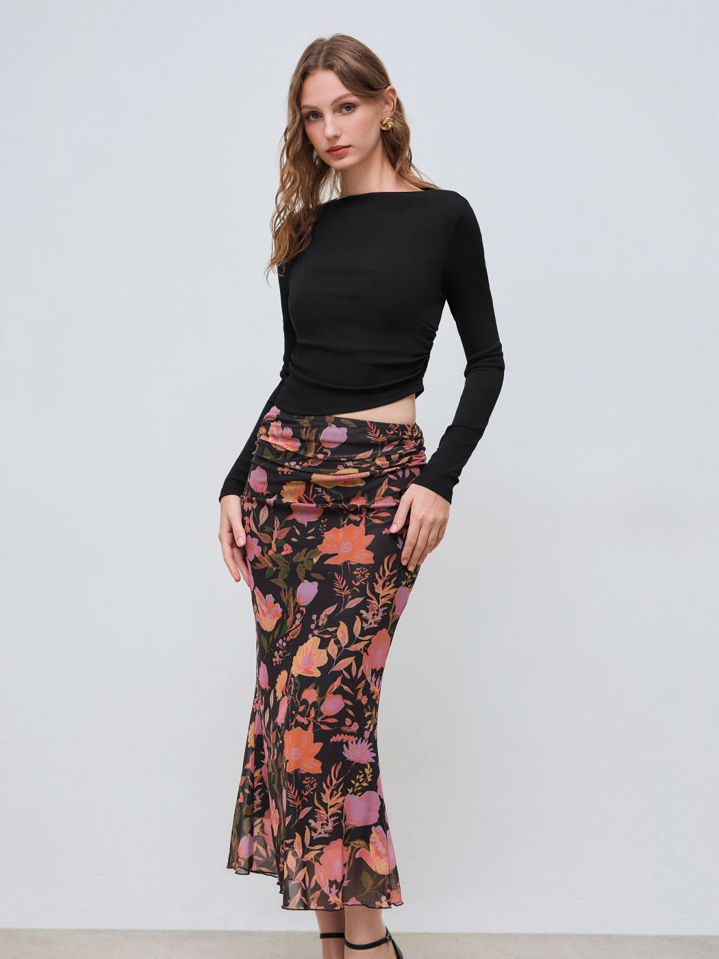 Round Neckline Solid Ruched Long Sleeve Top & Mesh Mid Rise Floral  Knotted Maxi Skirt Set