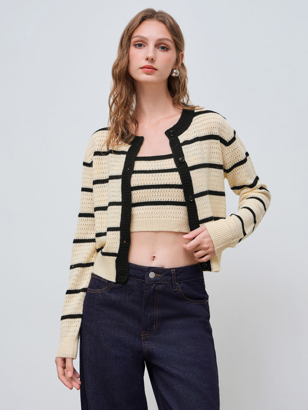 Knit Striped Contrasting Binding Button Cardigan & Striped Cami Top