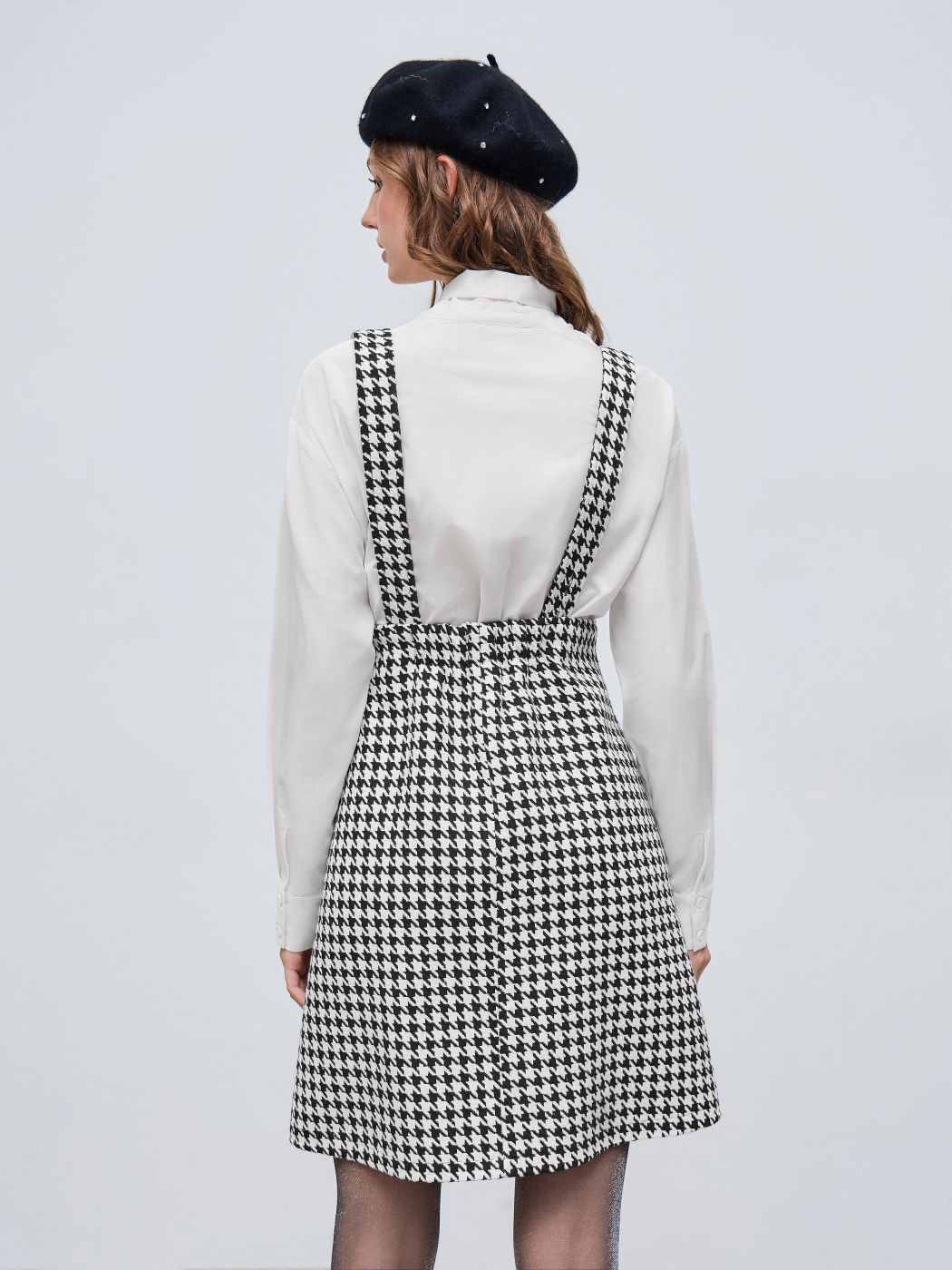 Cotton-blend V-neck Houndstooth Belted Midi Dress