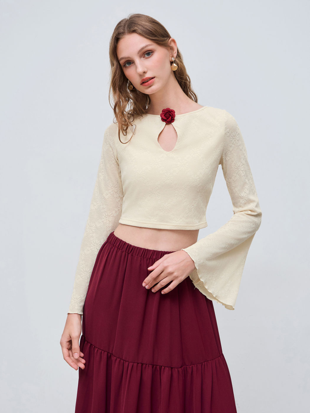 Lace Round Neckline Rosette Knotted Backless Long Sleeve Crop Top