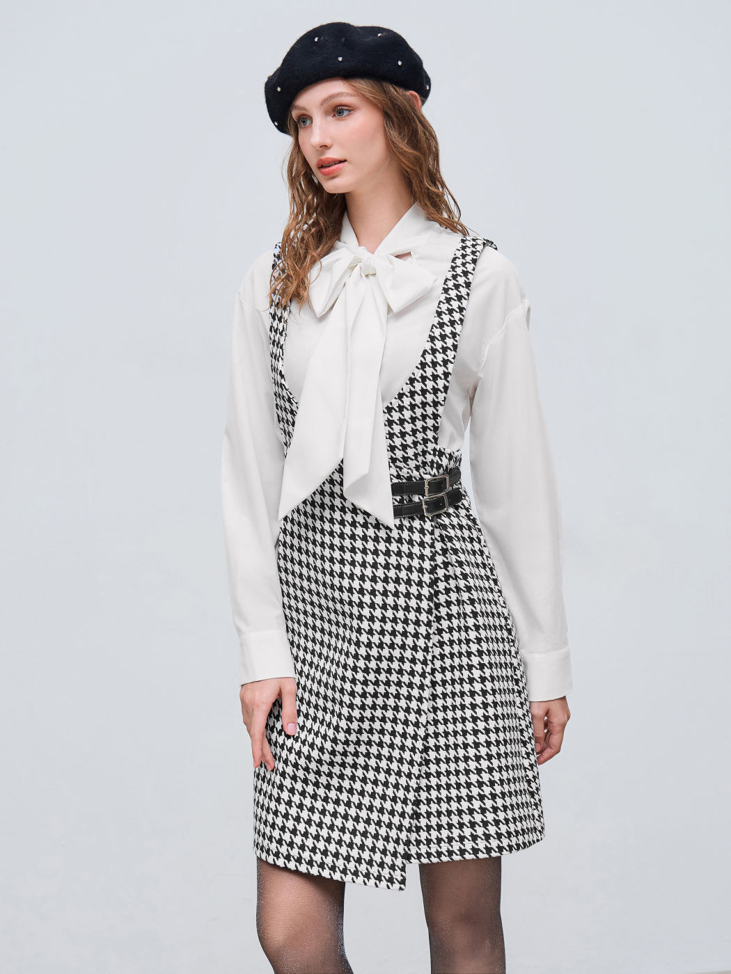 Cotton-blend V-neck Houndstooth Belted Midi Dress