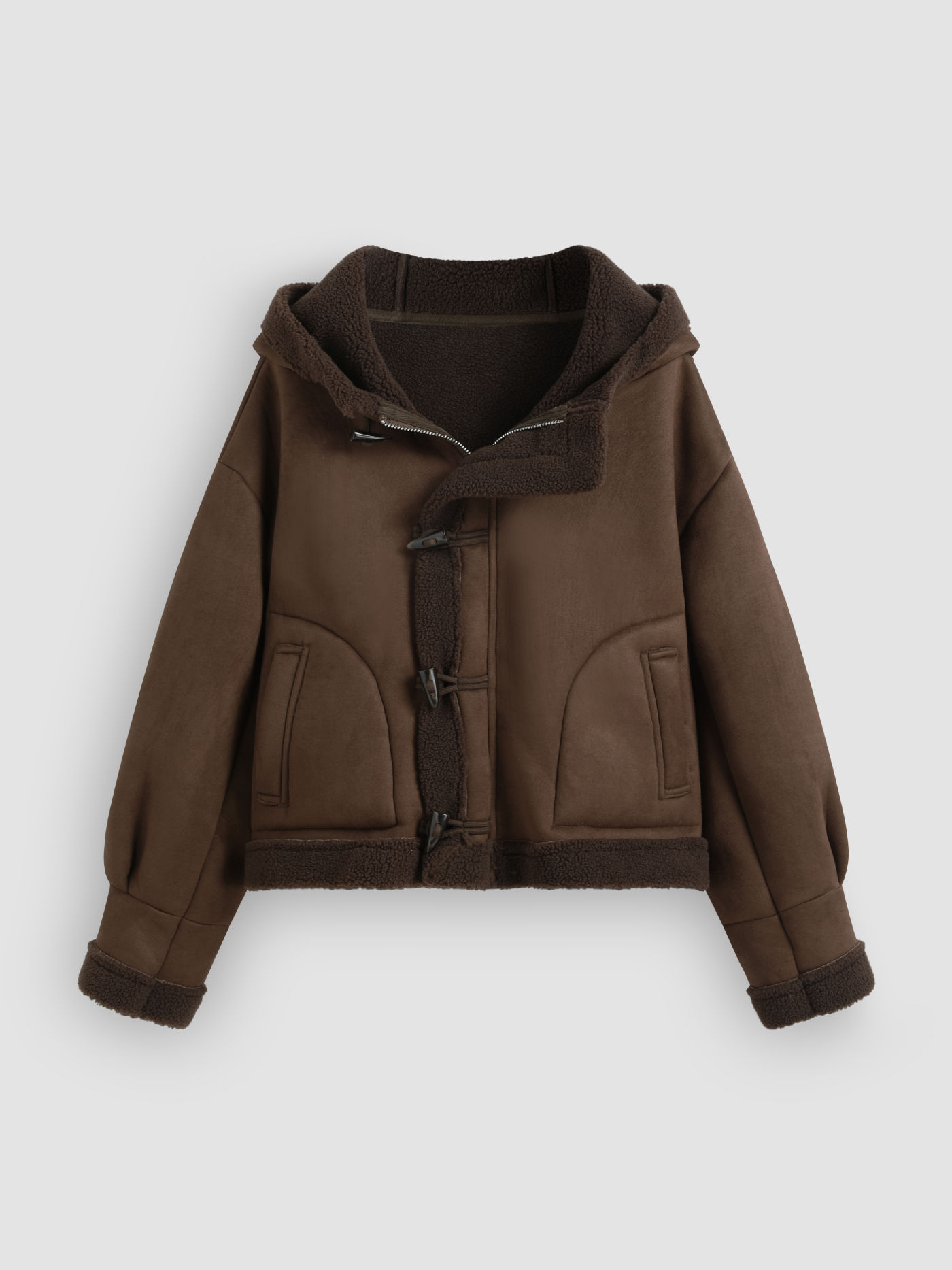 Faux Shearling Hooded Pocket Toggle Button Oversized Jacket