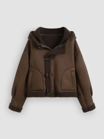 Faux-Shearling Kapuzen-Taschen-Knopf Oversized Jacke