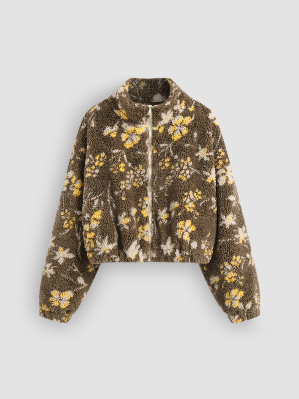 Fleece High Neck Floral Pocket Oversized Jacket
