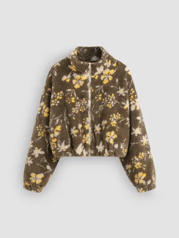 Fleece Blumen Oversized Jacke mit Taschen