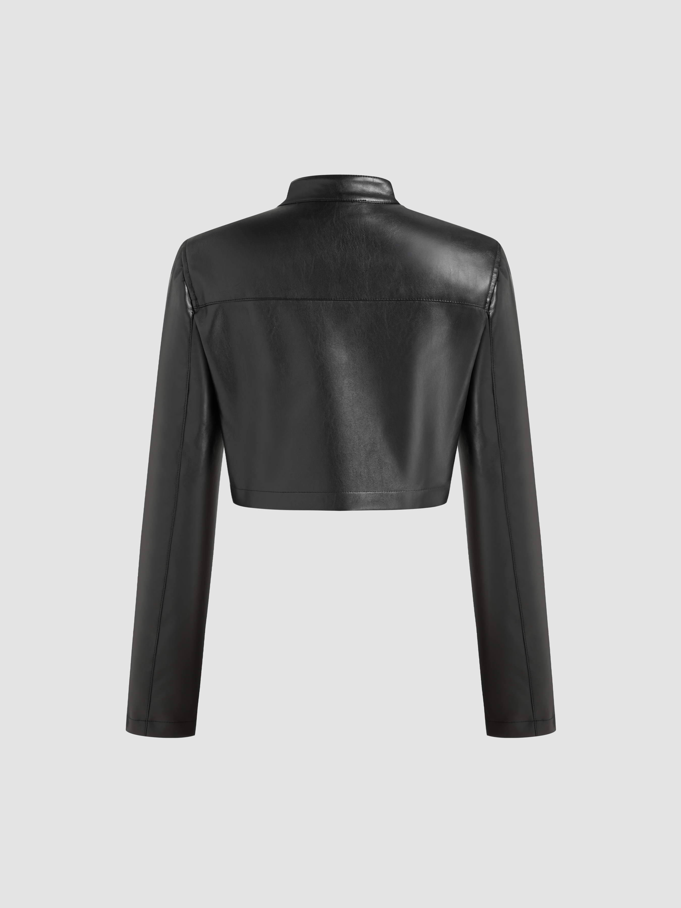 Faux Leather Faux Leather High Neck Solid Pocket Biker Crop