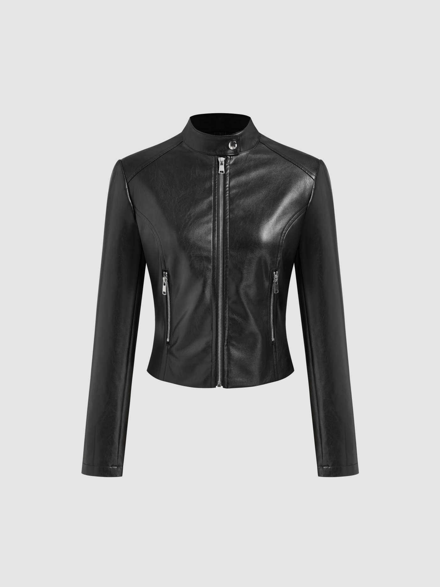 Faux Leather High Neck Solid Pocket Biker Jacket