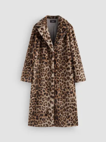 Faux Fur Collar Leopard Pocket Long Coat