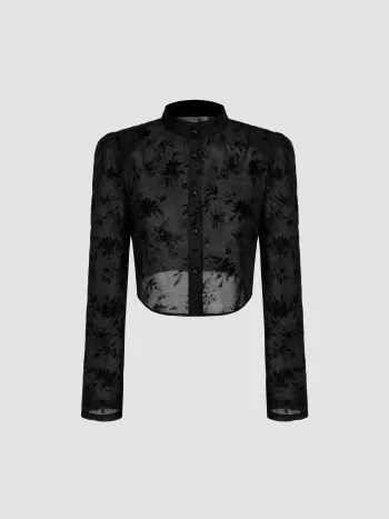 Gewebter Kragen Floral Knopf Langarm Bluse