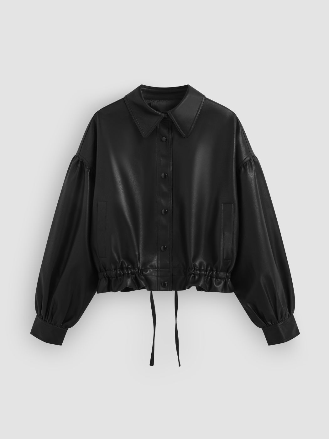 Faux Leather Collar Solid Drawstring Pocket Oversized Biker Jacket