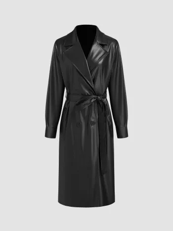 Faux Leather Collar Solid Pocket Oversized Long Coat With Belt