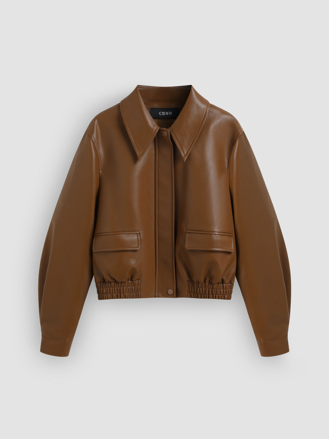 Faux Leather Collar Solid Pocket Oversized Jacket